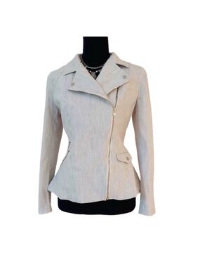 Chelsea28 ~ Light Gray and White Pinstripes Moto Jacket Asymmetrical Design